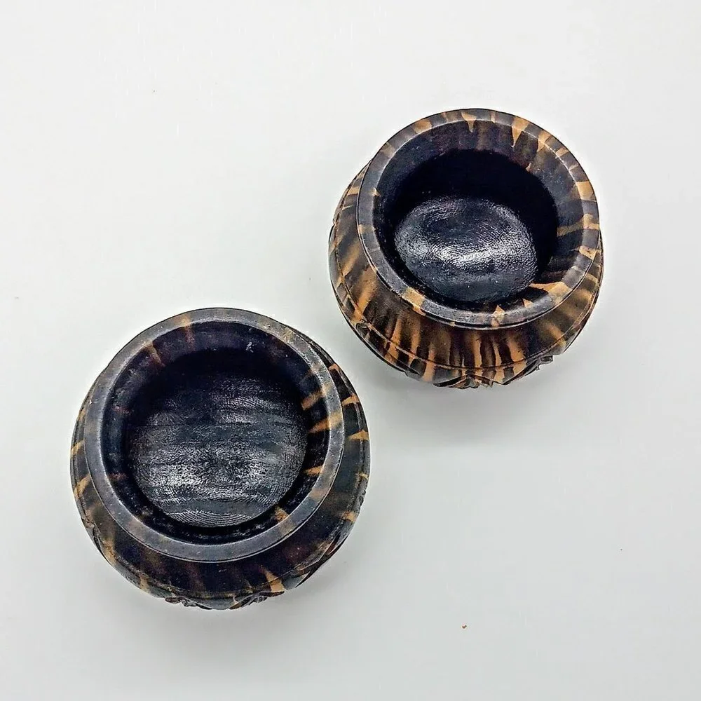 Pair of Brown Carved Wood Jars